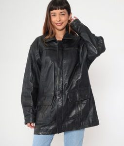 Black Leather Coat 90s Deerskin Cargo Pockets Zip Snap Up Jacket Retro Trenchcoat Longline Outerwear Vintage 1990s Utility Large L