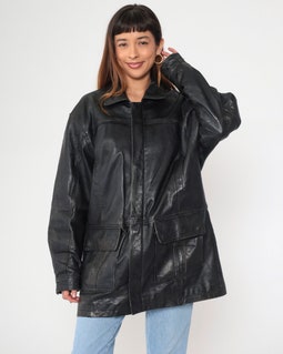 Black Leather Coat 90s Deerskin Cargo Pockets Zip Snap Up Jacket Retro Trenchcoat Longline Outerwear Vintage 1990s Utility Large L