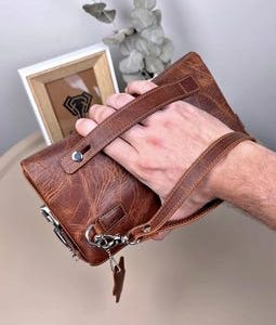 Genuine Leather Locking Clutch Bag, Zippered Leather Handbag with Combination Lock, Luxury Travel Organizer, Handmade Wristlet Wallet