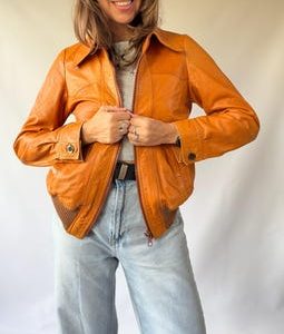 Vintage Honey Orange Leather Bomber Jacket Soft Genuine Leather Casual Biker Jacket Mustard Brown Soft Real Leather Coat Women Size S M