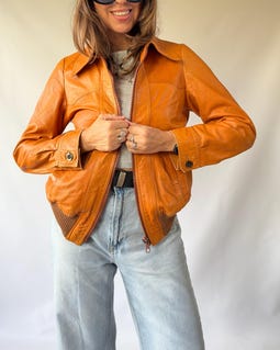 Vintage Honey Orange Leather Bomber Jacket Soft Genuine Leather Casual Biker Jacket Mustard Brown Soft Real Leather Coat Women Size S M