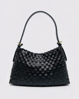 Black Woven Leather Shoulder Bag, Handmade Cowhide Leather Handbag, Minimalist Everyday Bag